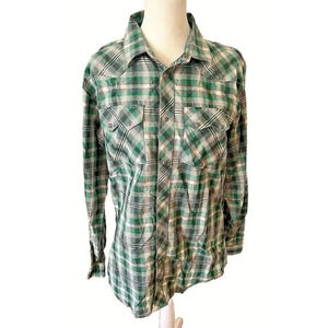 XXL Men's Green‎ Plaid Wrangler Retro Western Cowboy Collared Pearl Button Shirt